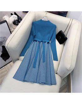 Knitted Dress Women's Long-Sleeved Autumn Winter   French High Waist Casual Lace Up Dresses Elegant Vestido