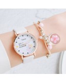 Gaiety  Watches For Women Cartoon Pattern Flowers Pink Watch Girls Students Leather Clock Lovely Quartz Wristwatch Gifts