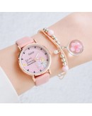 Gaiety  Watches For Women Cartoon Pattern Flowers Pink Watch Girls Students Leather Clock Lovely Quartz Wristwatch Gifts