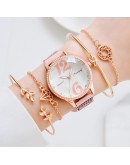 5pcs Set   Watch For Women Arabic Numerals Unique Dial Ladies Wrist Watches Bracelet Female Pink Clock Reloj Mujer