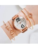 5pcs Set   Watch For Women Arabic Numerals Unique Dial Ladies Wrist Watches Bracelet Female Pink Clock Reloj Mujer