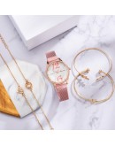 5pcs Set   Watch For Women Arabic Numerals Unique Dial Ladies Wrist Watches Bracelet Female Pink Clock Reloj Mujer