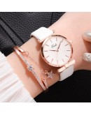 2pcs Set Top Style  Women's  Leather Band Analog Quartz WristWatch Ladies Watch Women Dress Reloj Mujer White Clock