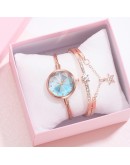 2pcs Set Watch And Bracelete Women Diamond Geometric Glass  Bracelet Set Watches Ladies Casual Quartz Wristwatch Clock