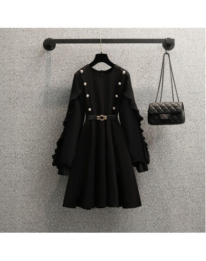 Spring Autumn Black Dress Women Elegant Ruffles Mid-length Party Prom Dresses  Long Sleeve Plus Size Vestido Female