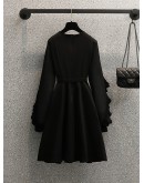 Spring Autumn Black Dress Women Elegant Ruffles Mid-length Party Prom Dresses  Long Sleeve Plus Size Vestido Female