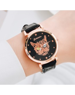  Watch Women Leather Watch Unique Cat Pattern Ladies Simple Quartz Bracelet Wristwatch Women Black Clock Relogio Feminino