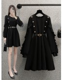 Spring Autumn Black Dress Women Elegant Ruffles Mid-length Party Prom Dresses  Long Sleeve Plus Size Vestido Female