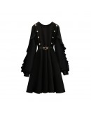 Spring Autumn Black Dress Women Elegant Ruffles Mid-length Party Prom Dresses  Long Sleeve Plus Size Vestido Female