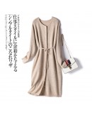 Knitted dress women autumn winter   bandage single-breasted loose casual round neck lace up mid-length dresses