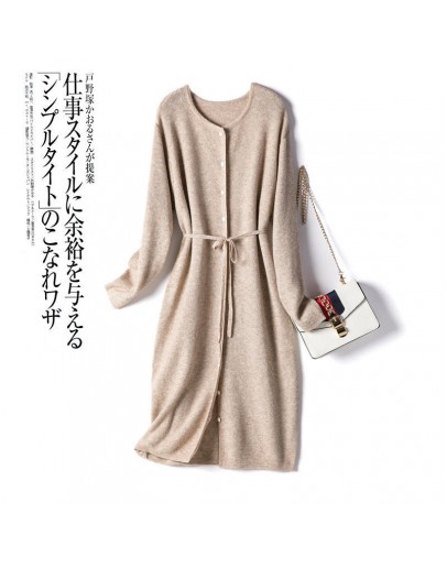 Knitted dress women autumn winter   bandage single-breasted loose casual round neck lace up mid-length dresses