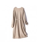 Knitted dress women autumn winter   bandage single-breasted loose casual round neck lace up mid-length dresses