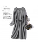 Knitted dress women autumn winter   bandage single-breasted loose casual round neck lace up mid-length dresses