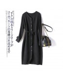 Knitted dress women autumn winter   bandage single-breasted loose casual round neck lace up mid-length dresses