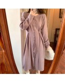 Knitted dress women autumn winter   bandage single-breasted loose casual round neck lace up mid-length dresses