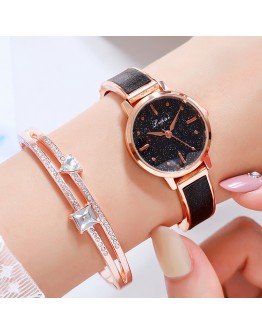 Lvpai  2PCS/Set Women Watches  Black Starry Sky Watch For Women Simple Dress Rhinestone Ladies Bracelet Quartz Clock