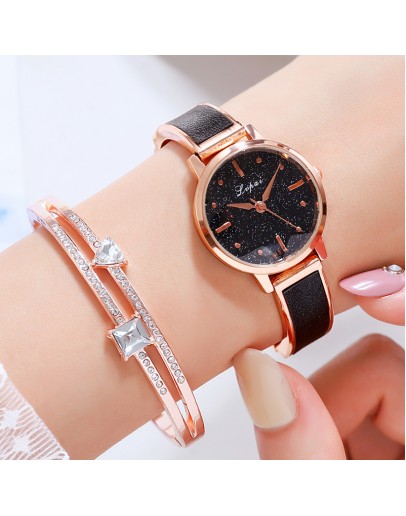 Lvpai  2PCS/Set Women Watches  Black Starry Sky Watch For Women Simple Dress Rhinestone Ladies Bracelet Quartz Clock