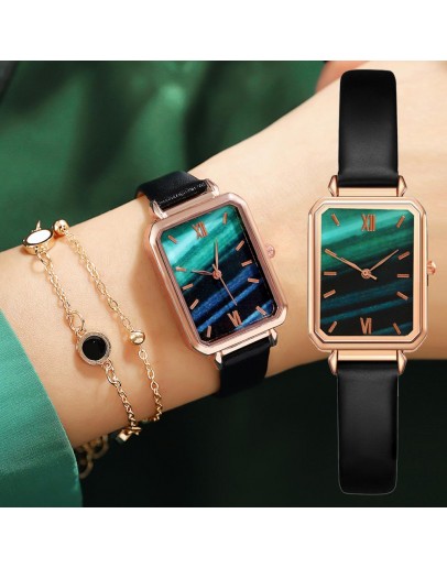 Watch Women  Rectangle Dial Dress Bracelet Watches Set Ladies Leather Band Quartz Wristwatch Female Clock Zegarek Damski