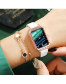 Watch Women  Rectangle Dial Dress Bracelet Watches Set Ladies Leather Band Quartz Wristwatch Female Clock Zegarek Damski