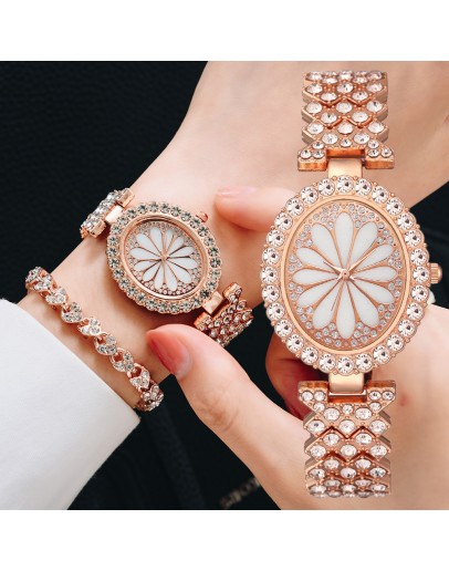  Women Rose Gold Watch  Ladies Quartz Diamond Wristwatch Elegant Female 2pcs Set Bracelet Watches Relogio Feminino