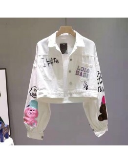 Wome Denim Jackets Cartoon Print White Basic Short Jackets  Spring Autumn Long Sleeve Letter Printted Outerwear Coats