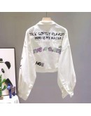 Wome Denim Jackets Cartoon Print White Basic Short Jackets  Spring Autumn Long Sleeve Letter Printted Outerwear Coats