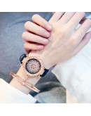   European  style Women Watch + Bracelet   Quartz Watches Reloj Mujer Casual Leather Wristwatch