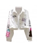 Wome Denim Jackets Cartoon Print White Basic Short Jackets  Spring Autumn Long Sleeve Letter Printted Outerwear Coats