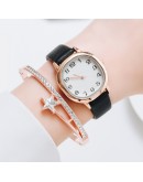 Watch For Women Bracelet Set Simple Ladies Bracelet Watch Casual Leather Quartz Wristwatch 2pcs Set Black Clock Zegarek Damski