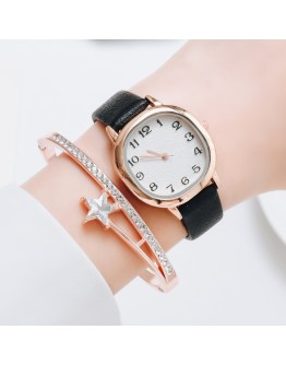 Watch For Women Bracelet Set Simple Ladies Bracelet Watch Casual Leather Quartz Wristwatch 2pcs Set Black Clock Zegarek Damski