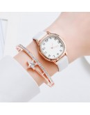 Watch For Women Bracelet Set Simple Ladies Bracelet Watch Casual Leather Quartz Wristwatch 2pcs Set Black Clock Zegarek Damski