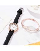 Watch For Women Bracelet Set Simple Ladies Bracelet Watch Casual Leather Quartz Wristwatch 2pcs Set Black Clock Zegarek Damski