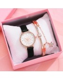 Casual Women Romantic Flowers Wrist quartz Watch Bracelet Leather Rhinestone Designer Simple Black Ladies Watches Montre Femme