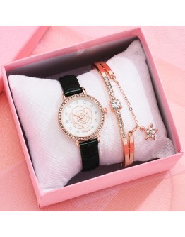 Casual Women Romantic Flowers Wrist quartz Watch Bracelet Leather Rhinestone Designer Simple Black Ladies Watches Montre Femme