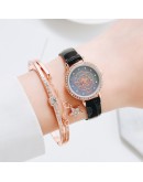 Casual Women Romantic Flowers Wrist quartz Watch Bracelet Leather Rhinestone Designer Simple Black Ladies Watches Montre Femme