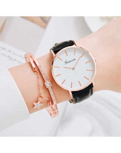 Simple  Watch Women Leather Watch Bracelet Set Ladies Dress Quartz Bracelet Wrist Watch Women's Clock Relogio Feminino