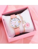 Gaiety  2pcs Set Bracelet Watch Women  Pink Cartoon Pattern Girls Watch Lovely Leather Ladies Clock Montre Femme