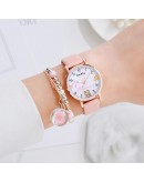 Gaiety  2pcs Set Bracelet Watch Women  Pink Cartoon Pattern Girls Watch Lovely Leather Ladies Clock Montre Femme