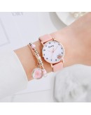 Gaiety  2pcs Set Bracelet Watch Women  Pink Cartoon Pattern Girls Watch Lovely Leather Ladies Clock Montre Femme