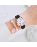 Gaiety  2pcs Set Bracelet Watch Women  Pink Cartoon Pattern Girls Watch Lovely Leather Ladies Clock Montre Femme