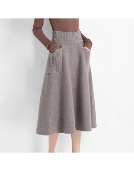  Fall Winter Knitted Skirt for Women High Waisted Double Pocket Midi Sweater Skirts Thick Warm A-Line Faldas Mujer