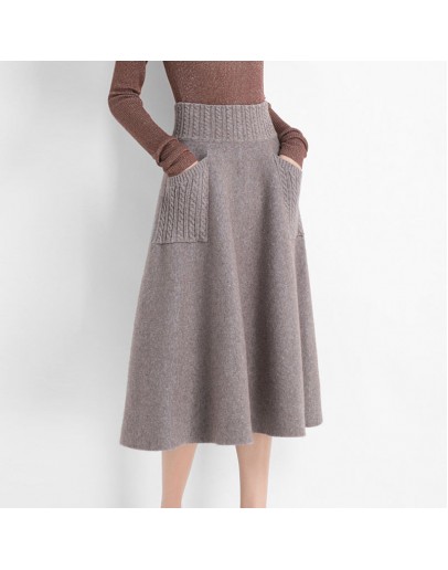  Fall Winter Knitted Skirt for Women High Waisted Double Pocket Midi Sweater Skirts Thick Warm A-Line Faldas Mujer