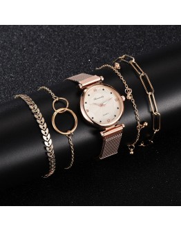  5pcs Set Watches For Women Bracelet Rose Gold Magnet Buckle Flower Watch Women Ladies Clock Bracelet Set relogio feminino