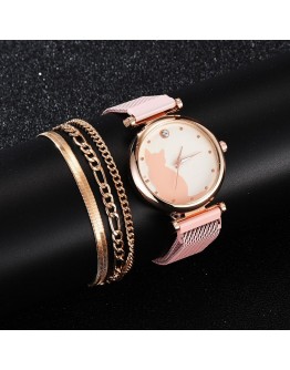 4pcs Women Set Watches  Dress Magnetic Cat Pattern Pink Ladies Wrist Watch Bracelet Watch relogio feminino Dropshipping