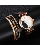 4pcs Women Set Watches  Dress Magnetic Cat Pattern Pink Ladies Wrist Watch Bracelet Watch relogio feminino Dropshipping