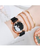 4pcs Women Set Watches  Dress Magnetic Cat Pattern Pink Ladies Wrist Watch Bracelet Watch relogio feminino Dropshipping