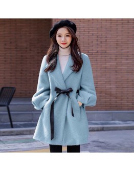  Fall Mink fleece Wool Jacket Coat Women   Clothing Mid Length Cute Blue Pink Winter Woolen Blend Coats