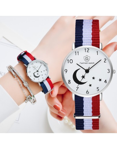 Watch For Women Bracelet Set Casual Canvas Strap Ladies Watches Moon Stars Pattern Quartz Wristwatches Female Gift Girl Clock