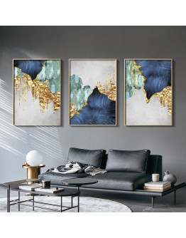 Nordic Blue golden foil lines Canvas Posters Print Modern Abstract Wall Art Painting Decoration Picture Living Room Home Decor