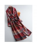  High  Autumn Winter Plaid Woolen Coat Women Elegant Vintage Sashes Long  Jacket Wool Coat Ladies Plus Size Parka